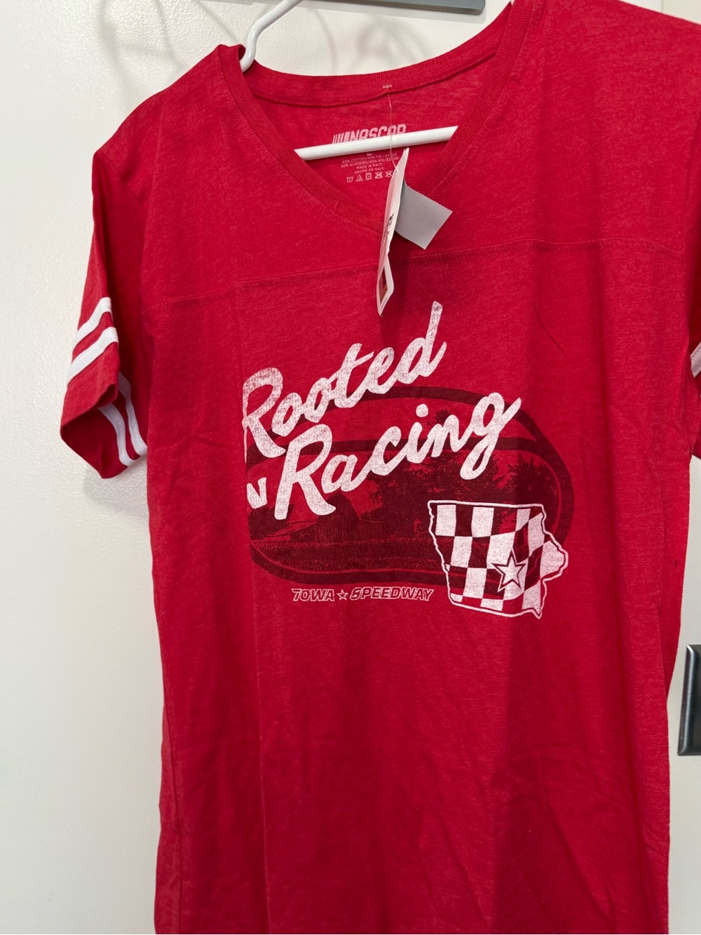 Nascar Red V-neck Racing Tee with White Script